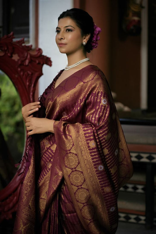 Passionate Wine Color Two Tone Kanjivaram Silk Saree with Weaving Work for Function