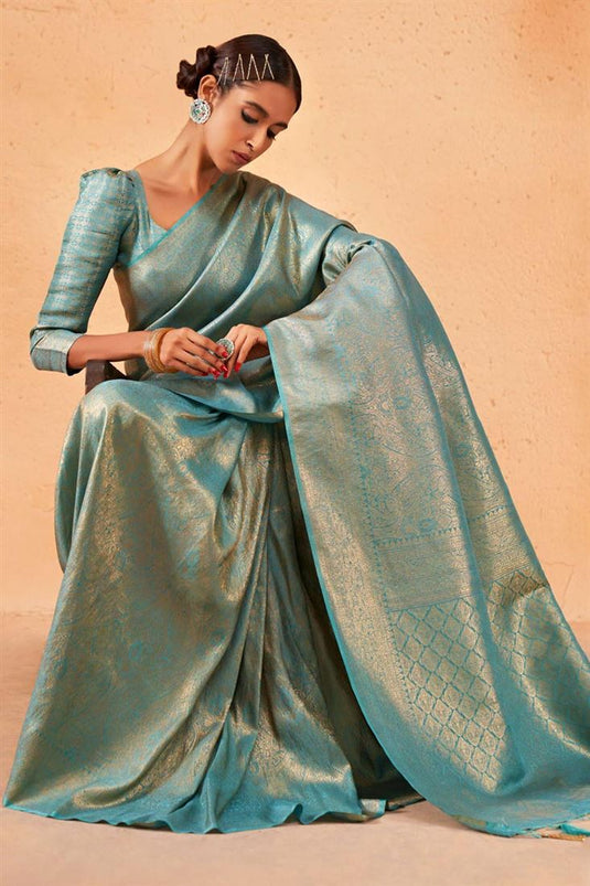 Excellent Cyan Color Kanjivaram Silk Saree with Weaving Work