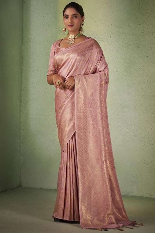 Pink Color Kanjivaram Silk Saree With Winsome Weaving Work