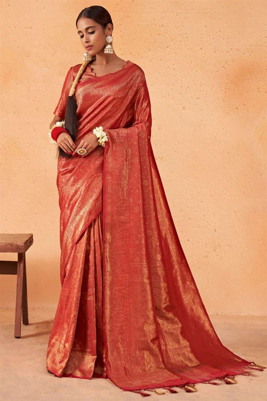 Classic Zari Weaving Work On Red Color Saree In Art Silk Fabric