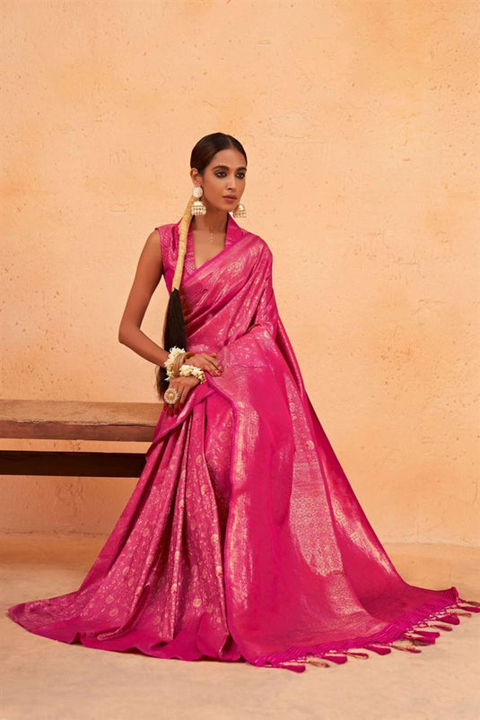 Art Silk Fabric Pink Color Saree With Winsome Zari Weaving Work
