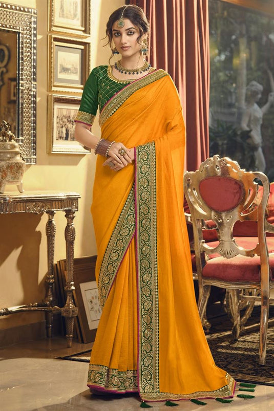 Orange Color On Vichitra Silk Intriguing Saree