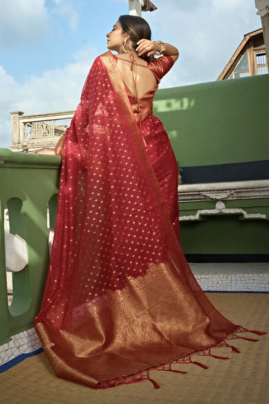 Gorgeous Maroon Color Weaving Work Saree In Organza Fabric