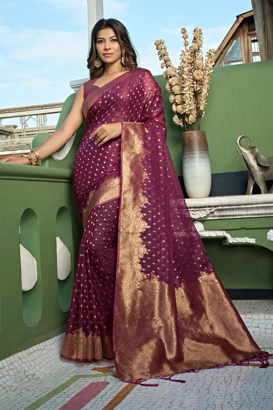 Pleasant Organza Fabric Weaving Work Saree In Wine Color