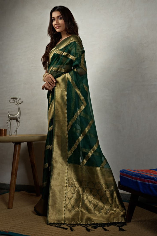 Blazing Dark Green Color Organza Fabric Weaving Work Saree