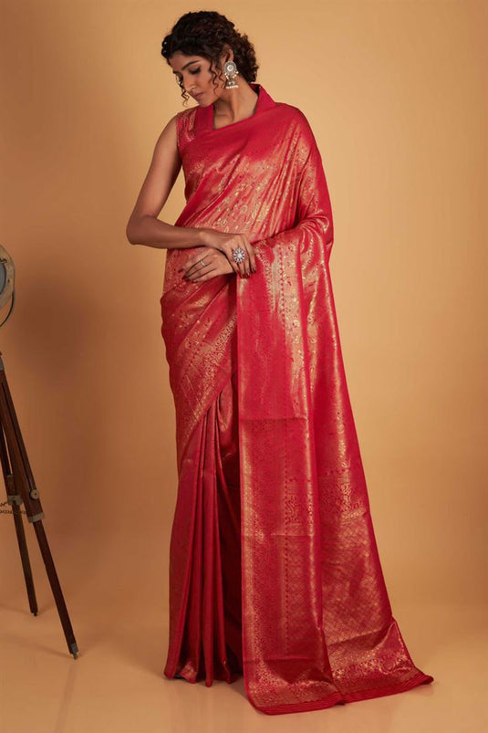 Winsome Weaving Work On Red Color Kanjivaram Silk Two Tone Saree