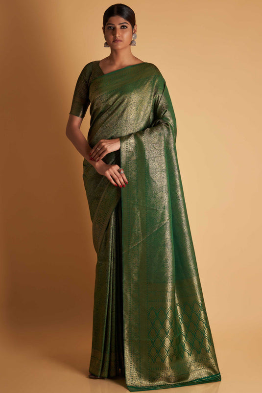 Dark Green Color Reception Wear Weaving Work Two Tone Kanjivaram Silk Fabric Saree