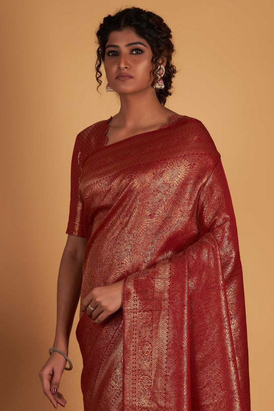 Wedding Wear Maroon Color Weaving Work Saree In Two Tone Kanjivaram Silk Fabric