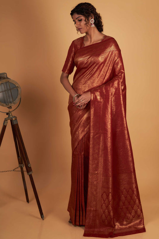 Wedding Wear Maroon Color Weaving Work Saree In Two Tone Kanjivaram Silk Fabric