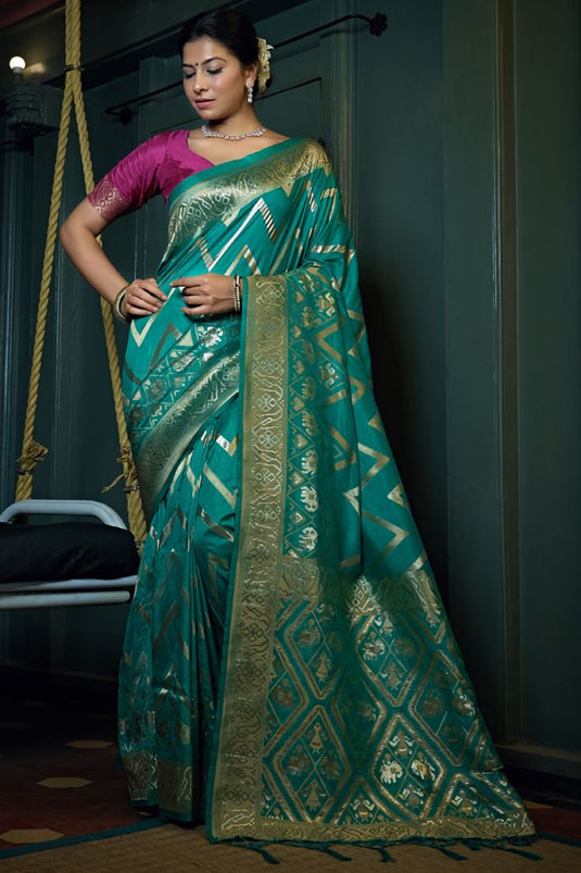 Engaging Cyan Color Banarasi Silk Fabric Function Style Saree