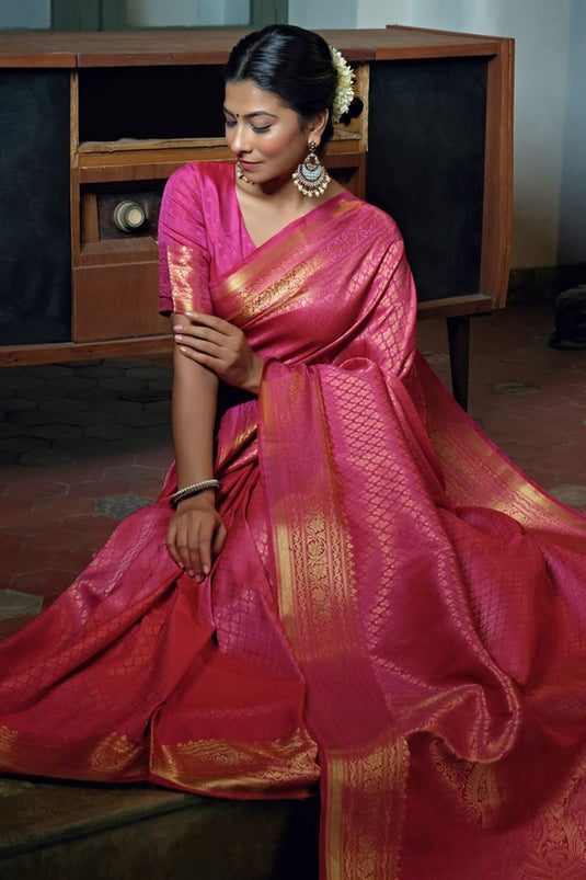 Weaving Work On Pink Color Appealing Kanjivaram Silk Saree
