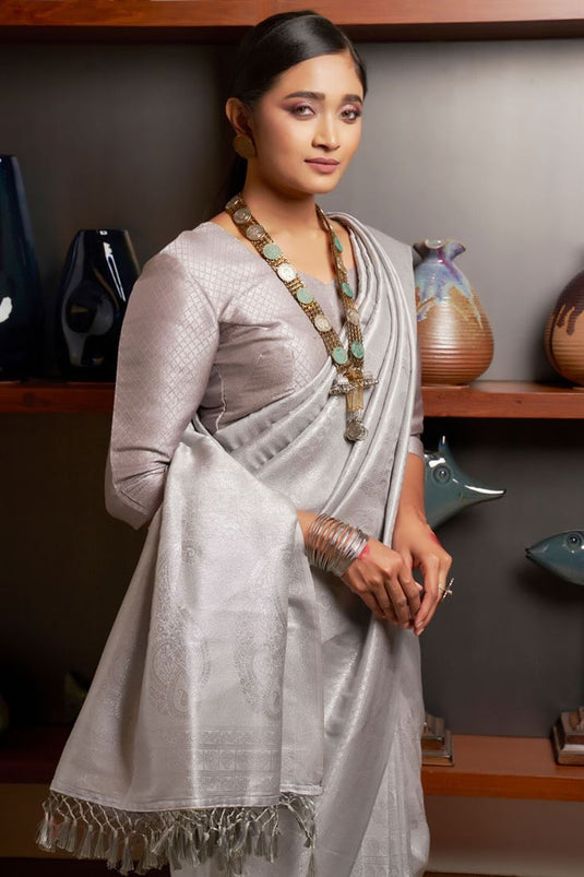 Awesome Weaving Work On Kanjivaram Silk Grey Color Saree