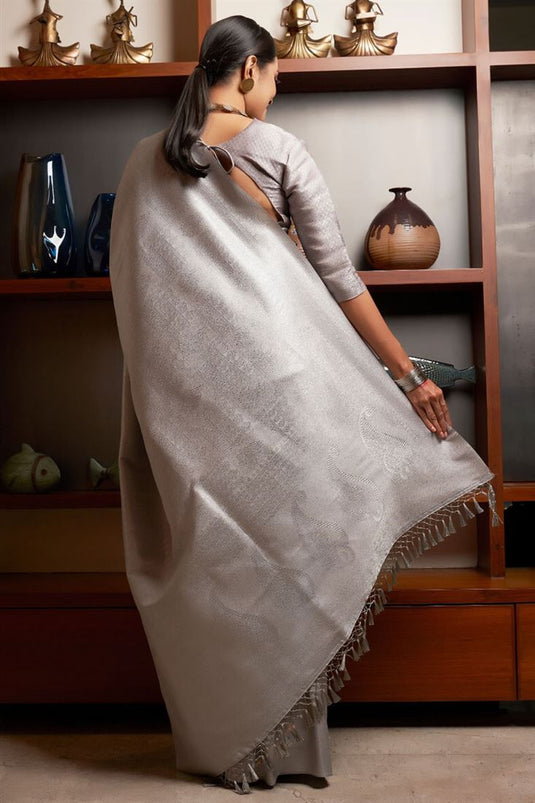 Awesome Weaving Work On Kanjivaram Silk Grey Color Saree