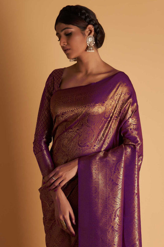 Purple Color Two Tone Kanjivaram Silk Fabric Weaving Work Saree