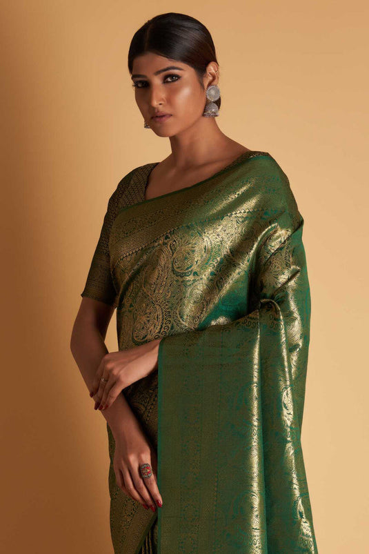 Dark Green Color Reception Wear Two Tone Kanjivaram Silk Fabric Saree