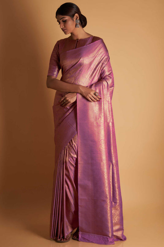Two Tone Kanjivaram Silk Fabric Sangeet Wear Pink Color Saree