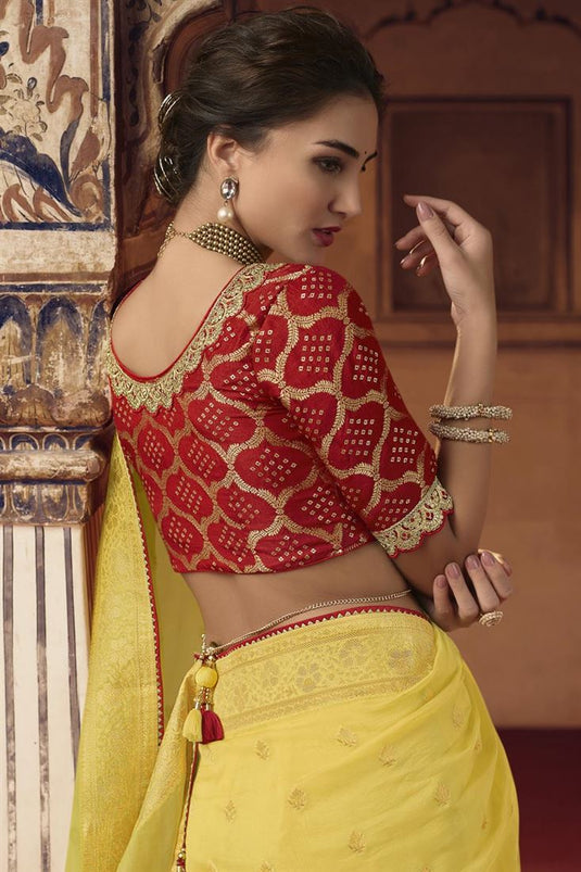 Engaging Yellow Color Organza Fabric Saree With Embroiderd Work