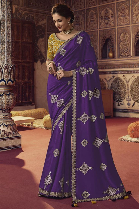 Classic Embroiderd Work On Purple Color Saree In Viscose Fabric