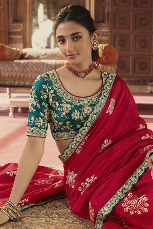 Marvellous Embroiderd Work On Viscose Fabric Saree In Red Color