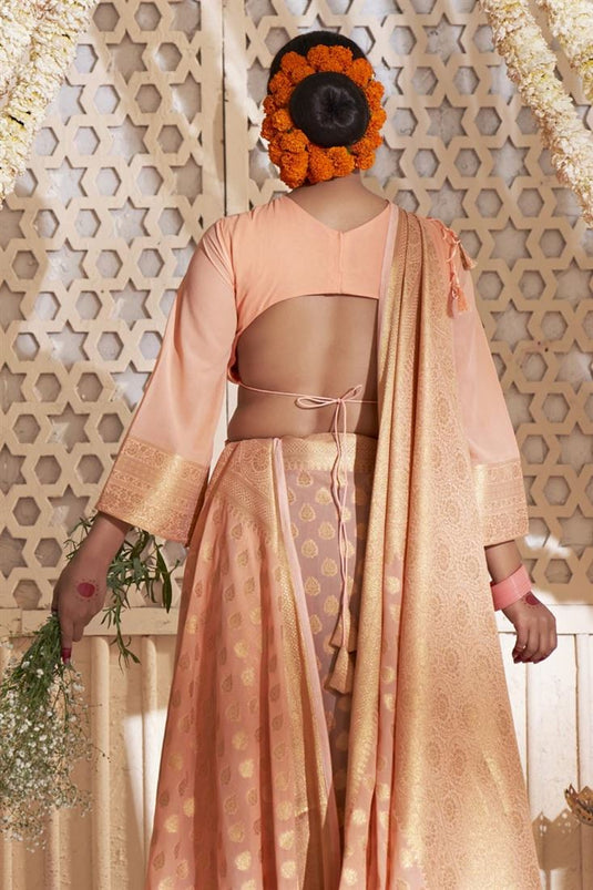 Georgette Fabric Peach Color Stylish Look Weaving Work Saree