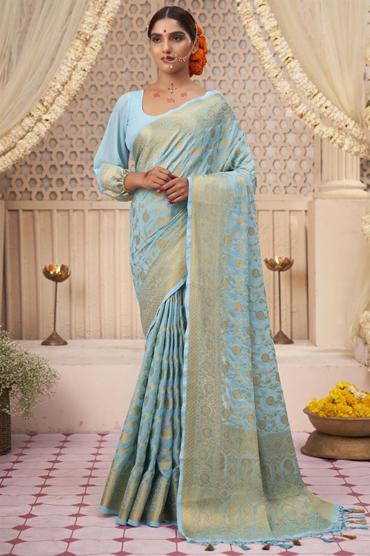 Cyan Color Georgette Fabric Glamorous Look Weaving Work Saree