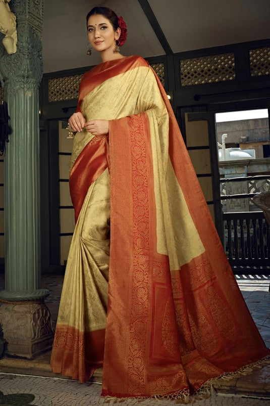 Cream Color Golden Zari Kanjeevaram Silk Saree