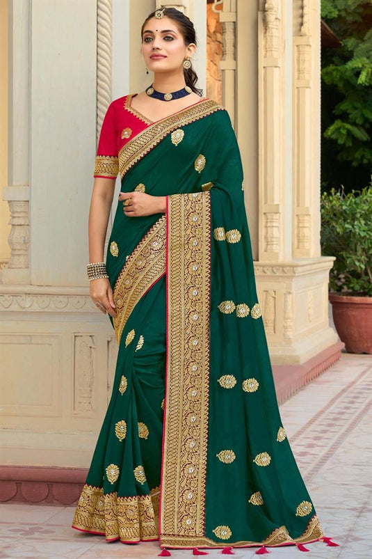 Art Silk Fabric Embroidery Border Work Saree In Radiant Green Color