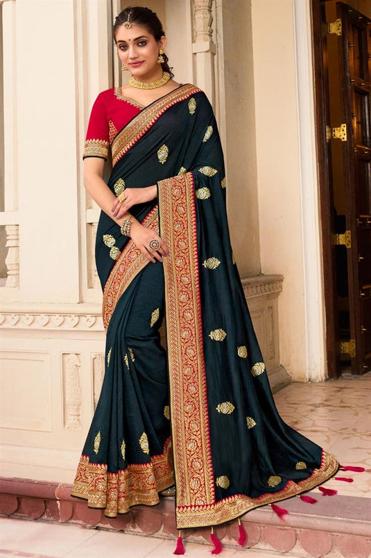 Embroidery Border Work Art Silk Fabric Lovely Black Color Saree