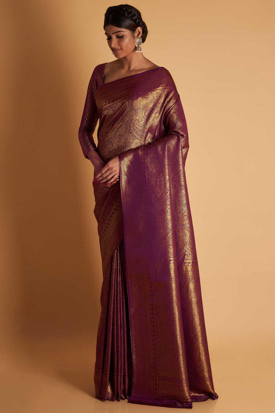 Sangeet Wear Purple Two Tone Kanjivaram Silk Fabric Weaving Work Saree