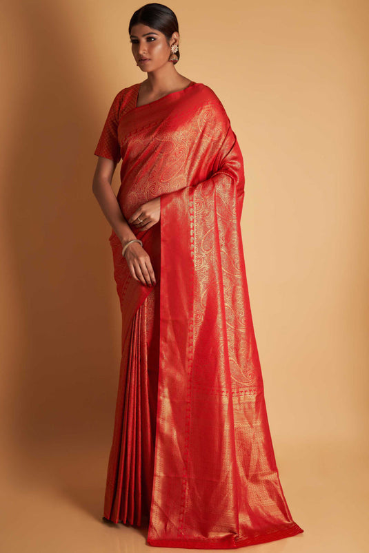 Two Tone Kanjivaram Silk Fabric Sangeet Wear Red Weaving Work Saree