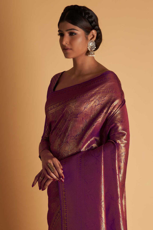 Purple Color Reception Wear Trendy Weaving Work Saree In Two Tone Kanjivaram Silk Fabric