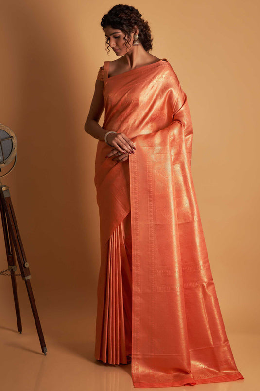 Peach Color Two Tone Kanjivaram Silk Fabric Reception Wear Weaving Work Saree