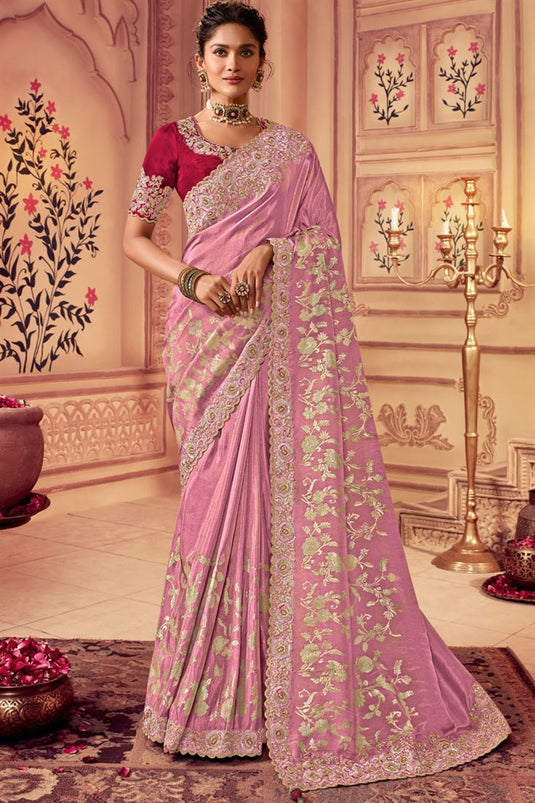 Sushrii Mishraa Pink Color Stunning Viscose Embroidered Saree