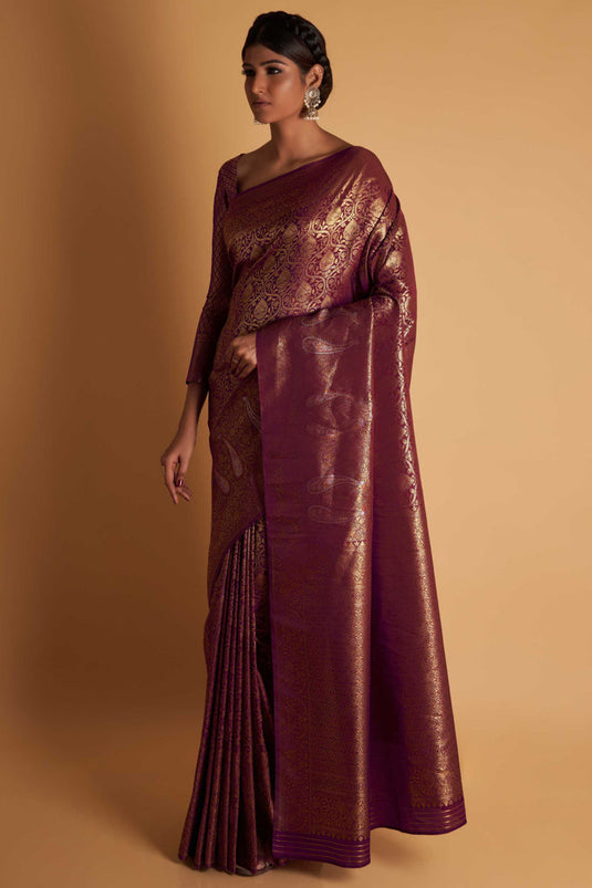 Wedding Wear Two Tone Kanjivaram Silk Fabric Zari Weaving Work Saree In Purple Color