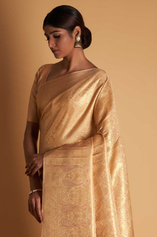 Wedding Wear Two Tone Kanjivaram Silk Fabric Cream Color Zari Weaving Work Saree