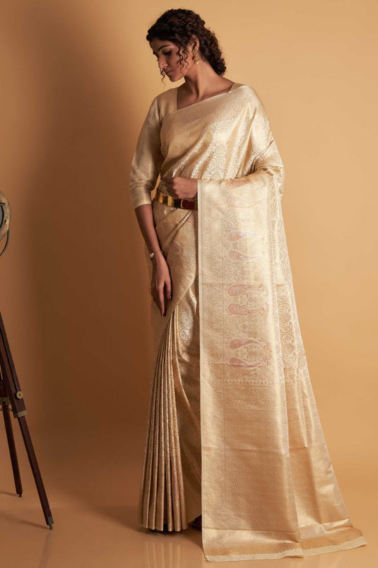 Wedding Wear Beige Color Zari Weaving Work Saree In Two Tone Kanjivaram Silk Fabric