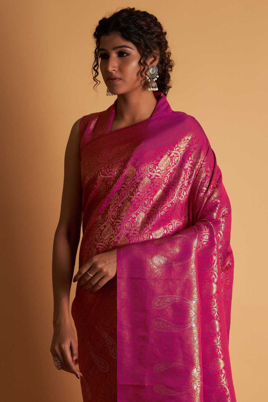 Wedding Wear Rani Color Two Tone Kanjivaram Silk Fabric Zari Weaving Work Saree