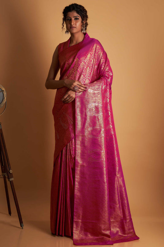 Wedding Wear Rani Color Two Tone Kanjivaram Silk Fabric Zari Weaving Work Saree