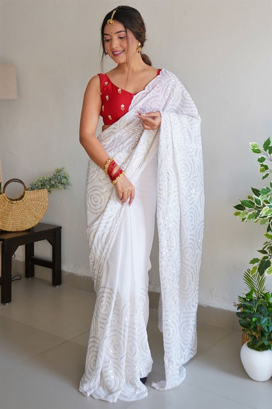 Fascinating White Sequins Work Georgette Saree With Blouse