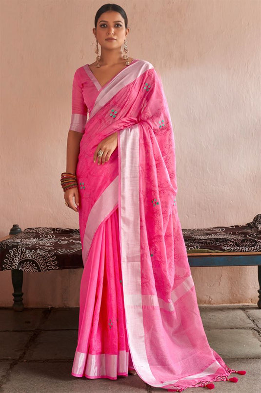 Pink Color Festive Look Winsome Linen Saree