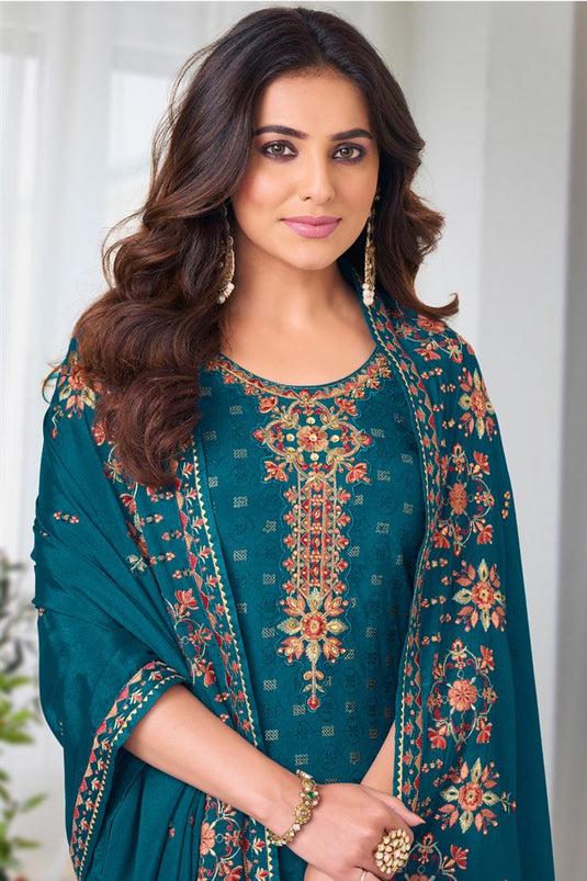 Ginni Kapoor Sequins Work Chinon Salwar Suit In Peacock Blue Teal Color