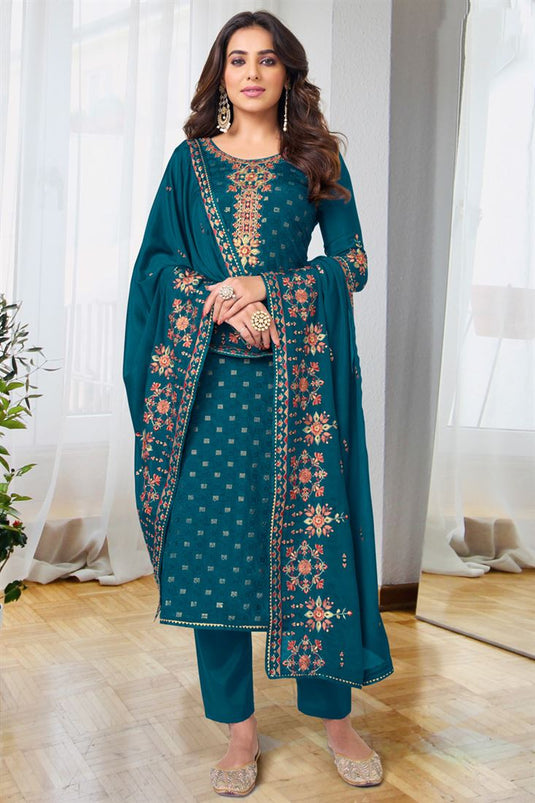 Ginni Kapoor Sequins Work Chinon Salwar Suit In Peacock Blue Teal Color