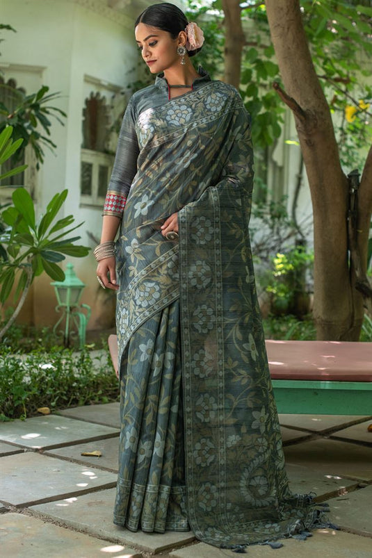 Tussar Silk Woven Saree In Grey Colour