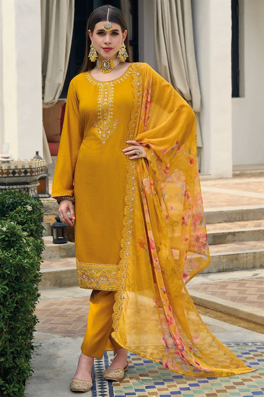 Art Silk Fabric Yellow Color Beatific Look Salwar Suit