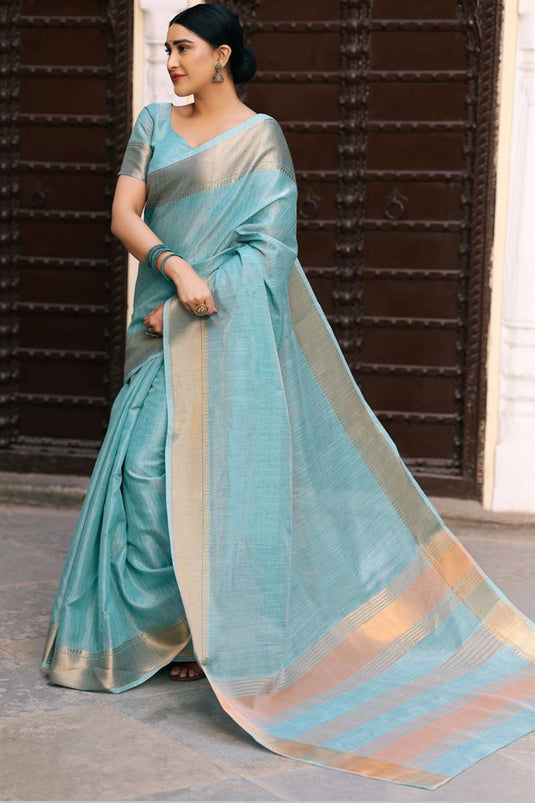 Sky Blue Linen Silk Saree With Zari Weaving