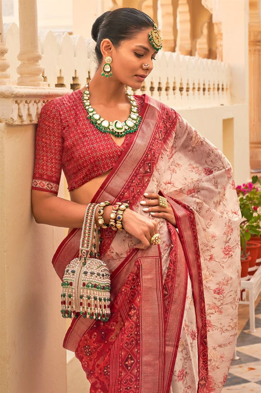 Vivid Red Heavy Banarasi Silk Saree with Modern Animal Motif Border | TST  LUXE | The Silk Trend