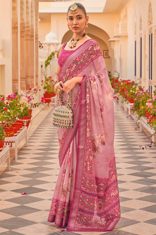 Floral Printed Function Wear Heavy Pink Art Silk Saree