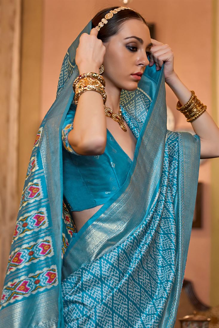 Cyan Silk Saree With Blouse 146796