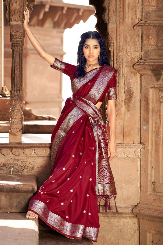 Luxurious Glory Silk Saree in Maroon Color with Intricate Weaving Work