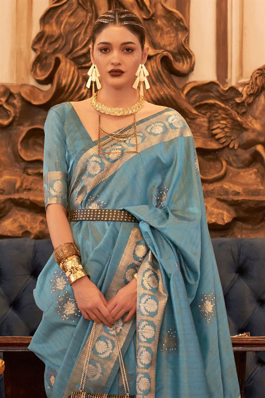 Sky Blue Tusser Silk Saree with Amazing Weaving Work For Party